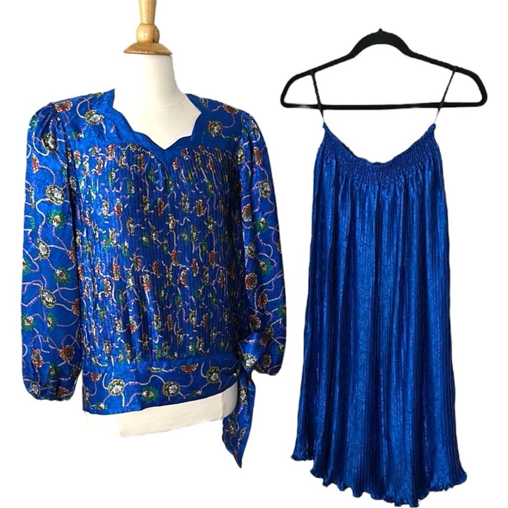 DIANE FREIS Vintage 80s Georgette Skirt Blouse Set 2 Piece Pleated Bohemian‎